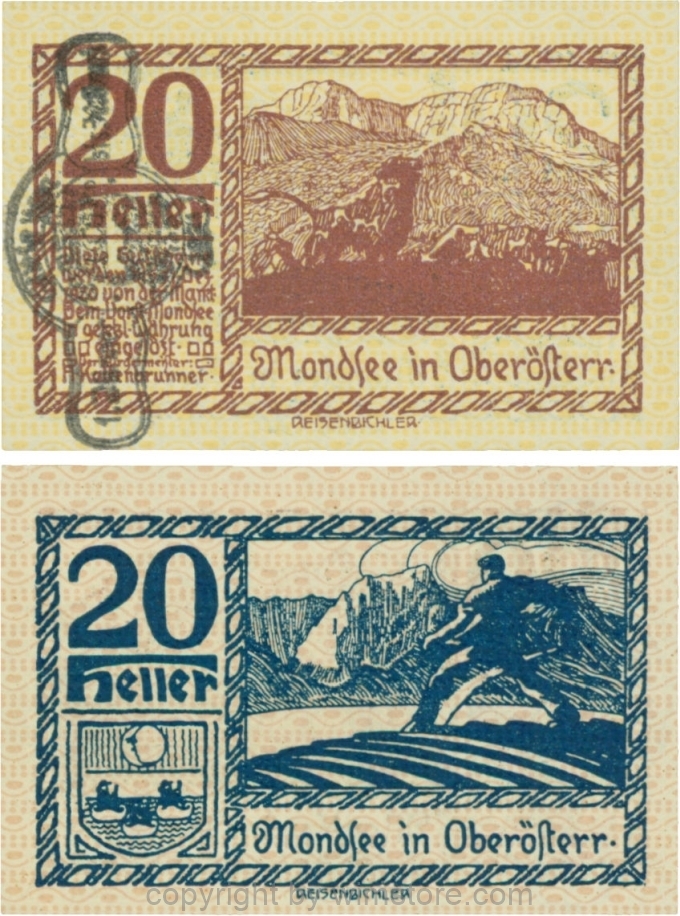 vn100068 Mondsee, G0626sh, 20 Heller mit Verlängerungsstempel, Vorderseite Unterdruck gelb, Druck violett; 1