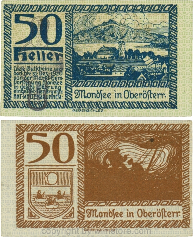 vn100069 Mondsee, G0626si, 50 Heller mit Verlängerungsstempel, Vorderseite Unterdruck grün, Druck blau; 3