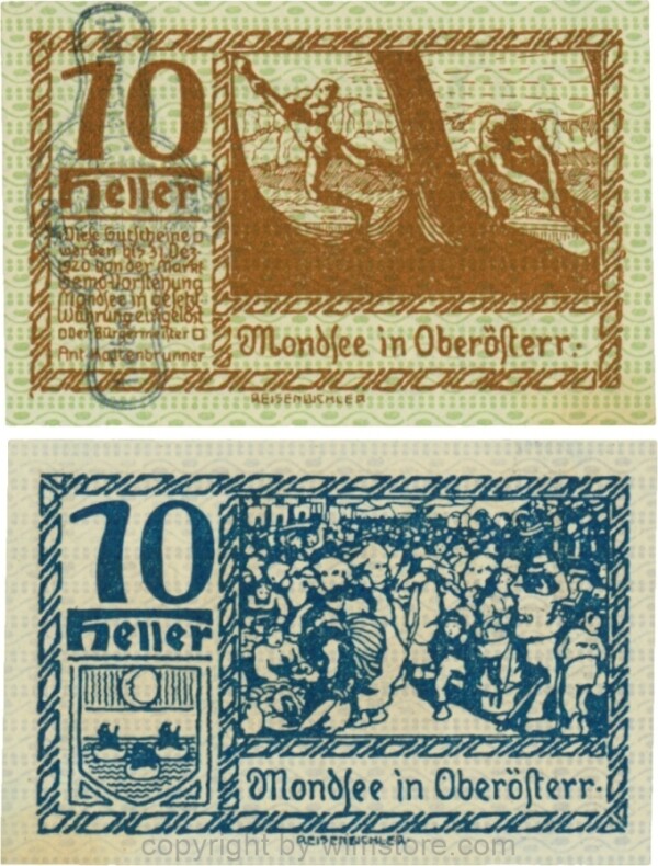 Mondsee, G0626sj, 10 Heller mit Verlängerungsstempel, Vorderseite Unterdruck grün, Druck braun; 2