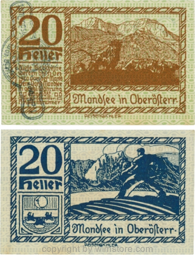 vn100071 Mondsee, G0626sj, 20 Heller mit Verlängerungsstempel, Vorderseite Unterdruck grün, Druck braun; 1-