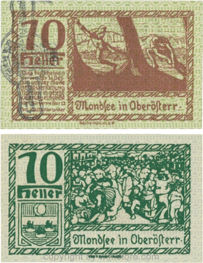 vn100072 Mondsee, G0626sl, 10 Heller mit Verlängerungsstempel, Vorderseite Unterdruck grün, Druck violett; 1