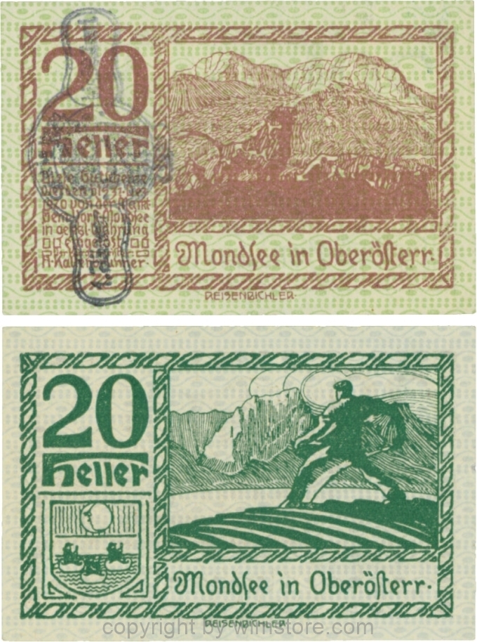 vn100073 Mondsee, G0626sl, 20 Heller mit Verlängerungsstempel, Vorderseite Unterdruck grün, Druck violett; 1
