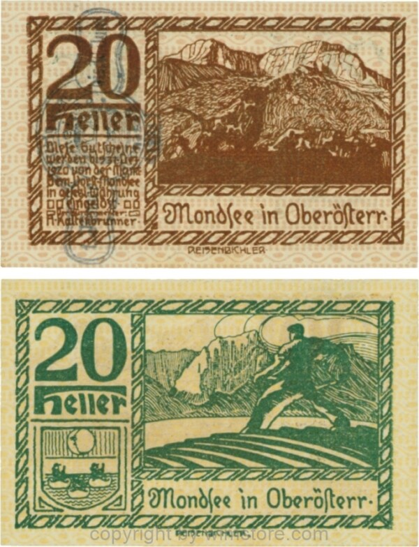 Mondsee, G0626sn, 20 Heller mit Verlängerungsstempel, Vorderseite Unterdruck rosa, Druck braun; 1