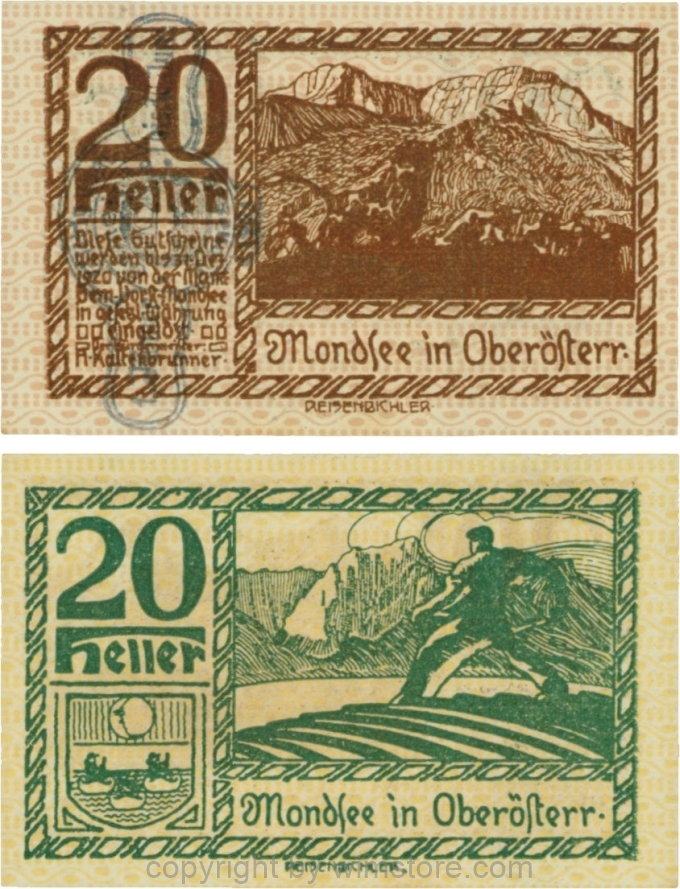 vn100078 Mondsee, G0626sn, 20 Heller mit Verlängerungsstempel, Vorderseite Unterdruck rosa, Druck braun; 1