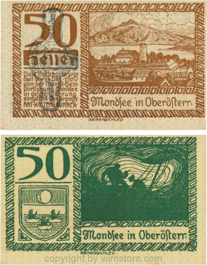 vn100079 Mondsee, G0626sn, 50 Heller mit Verlängerungsstempel, Vorderseite Unterdruck rosa, Druck braun; 1