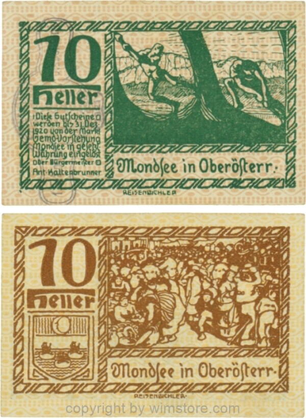 Mondsee, G0626so, 10 Heller mit Verlängerungsstempel, Vorderseite Unterdruck rosa, Druck grün; 1-