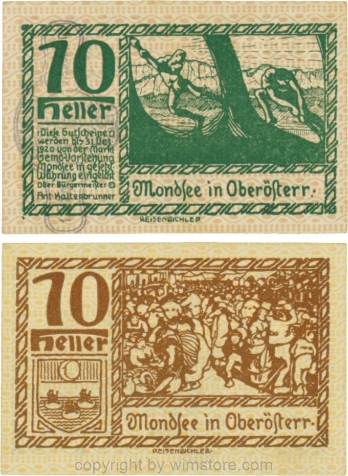 vn100080 Mondsee, G0626so, 10 Heller mit Verlängerungsstempel, Vorderseite Unterdruck rosa, Druck grün; 1-