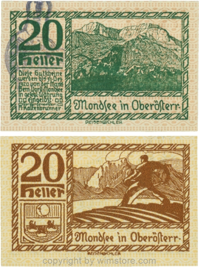 vn100081 Mondsee, G0626so, 20 Heller mit Verlängerungsstempel, Vorderseite Unterdruck rosa, Druck grün; 1