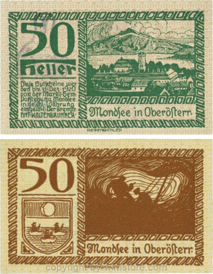vn100082 Mondsee, G0626so, 50 Heller mit Verlängerungsstempel, Vorderseite Unterdruck rosa, Druck grün; 1