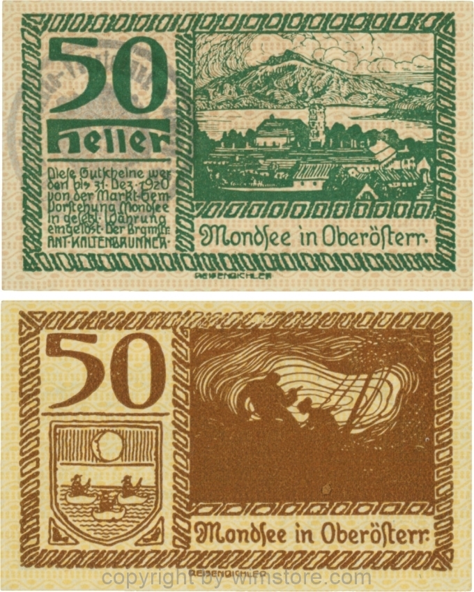 vn100083 Mondsee, G0626ro, 50 Heller mit Gemeindestempel, Vorderseite Unterdruck rosa, Druck gelb; 1-
