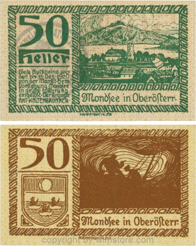 vn100084 Mondsee, G0626ro, 50 Heller mit Gemeindestempel, Vorderseite Unterdruck rosa, Druck gelb; 1-