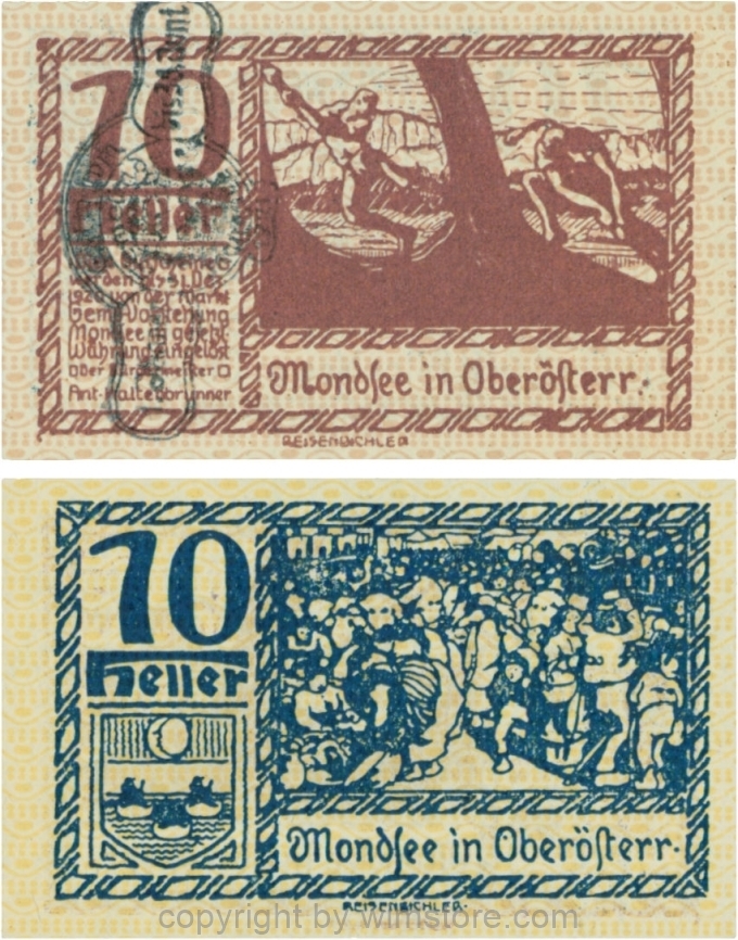 vn100085 Mondsee, G0626sp, 10 Heller mit Verlängerungsstempel, Vorderseite Unterdruck rosa, Druck violett; 1