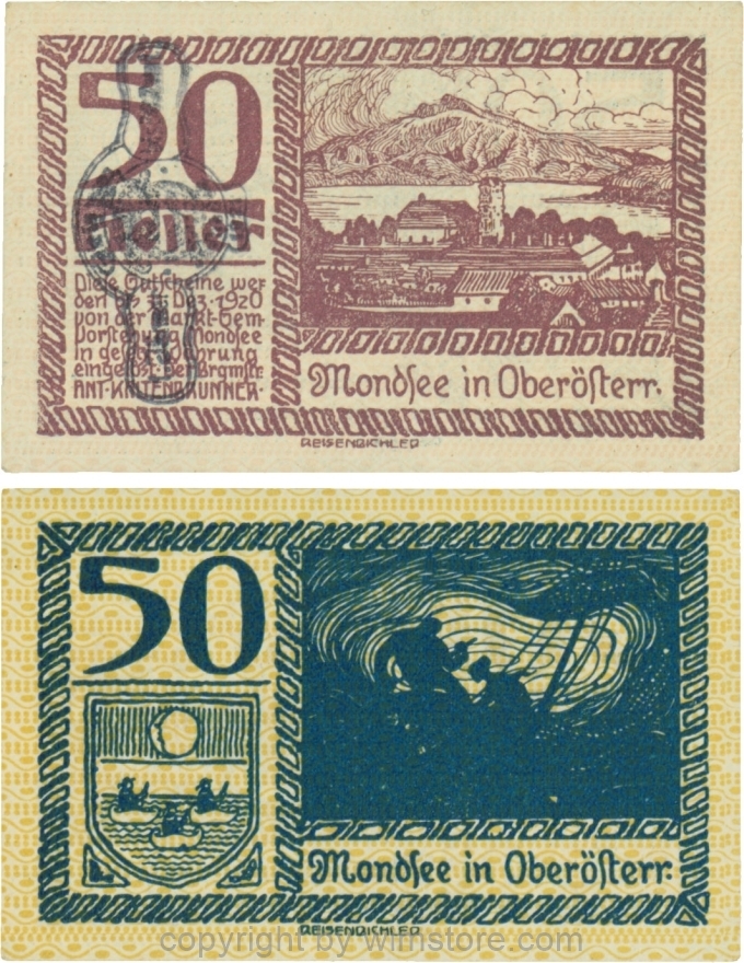 vn100086 Mondsee, G0626sp, 50 Heller mit Verlängerungsstempel, Vorderseite Unterdruck rosa, Druck violett; 1-