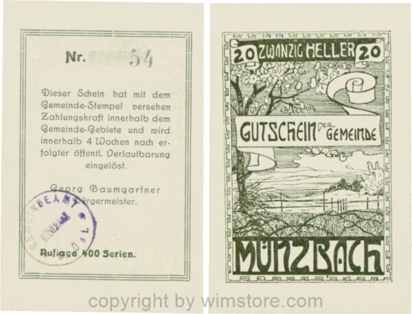 Münzbach, S0636IIIa, 20 Heller, schwarz, Auflage 400 Stück; 1