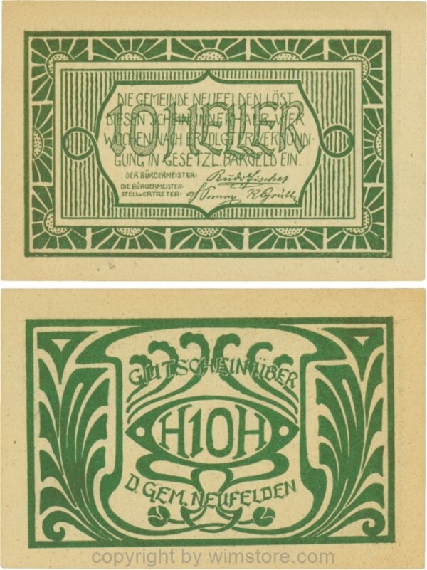 Neufelden, S0644IIIe, 10 Heller, Papier gelblich, Druck grünbronze; 1-
