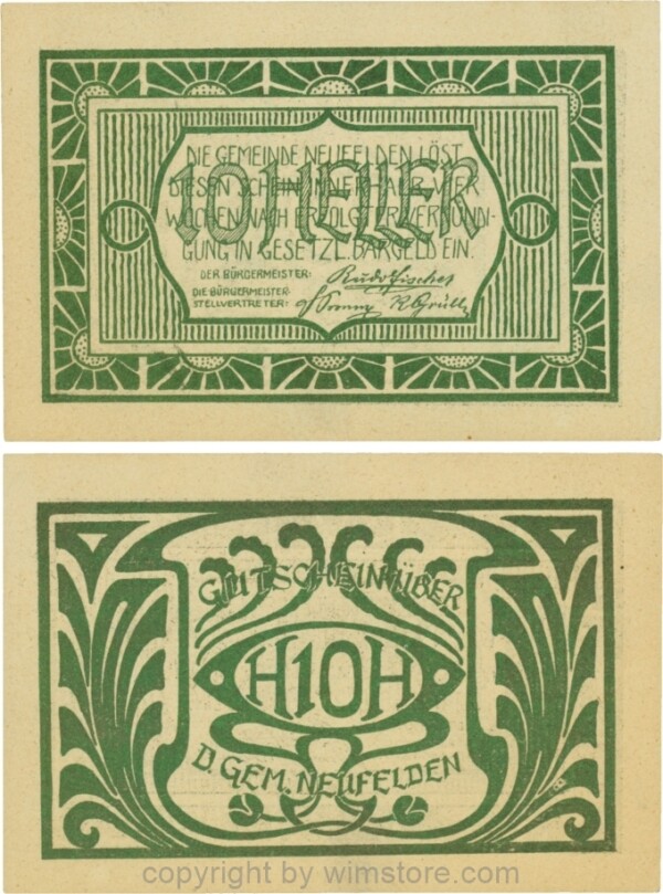 Neufelden, S0644IIIe, 10 Heller, Papier gelblich, Druck grünbronze; 1-