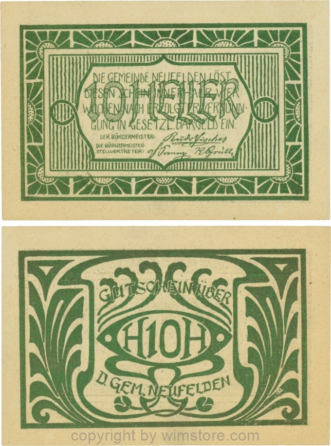 Neufelden, S0644IIIe, 10 Heller, Papier gelblich, Druck grünbronze; 1-