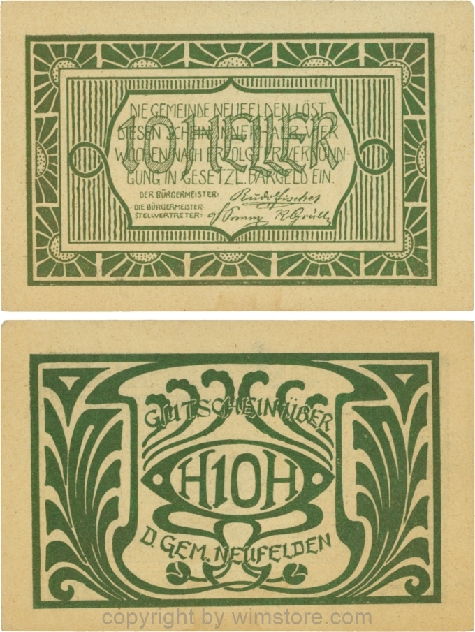 Neufelden, S0644IIIe, 10 Heller, Papier gelblich, Druck grünbronze; 2
