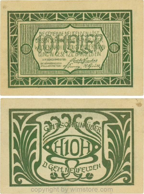 Neufelden, S0644IIIe, 10 Heller, Papier gelblich, Druck grünbronze; 2