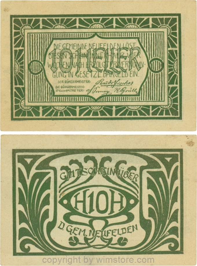 Neufelden, S0644IIIe, 10 Heller, Papier gelblich, Druck grünbronze; 2