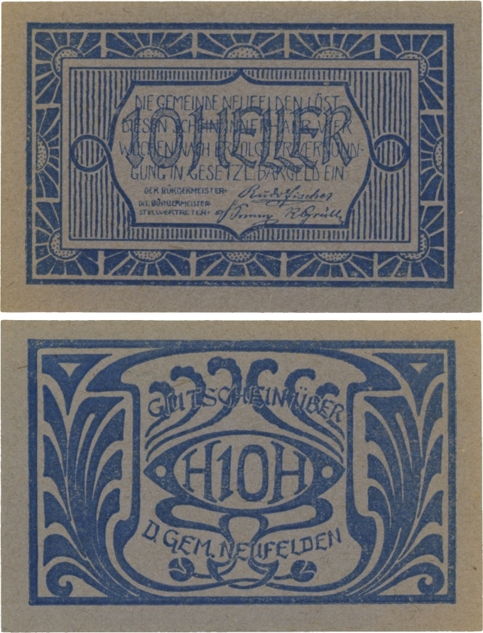 Neufelden, S0644IIIr, 10 Heller, Kartonpapier geriffelt, grau, Druck blau; 1