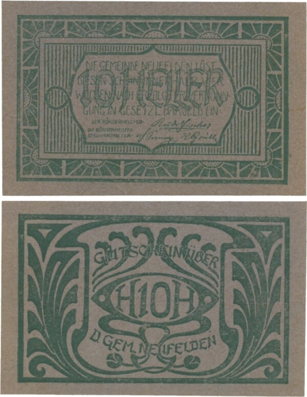 Neufelden, S0644IIIt, 10 Heller, Kartonpapier geriffelt, grau, Druck grün; 1