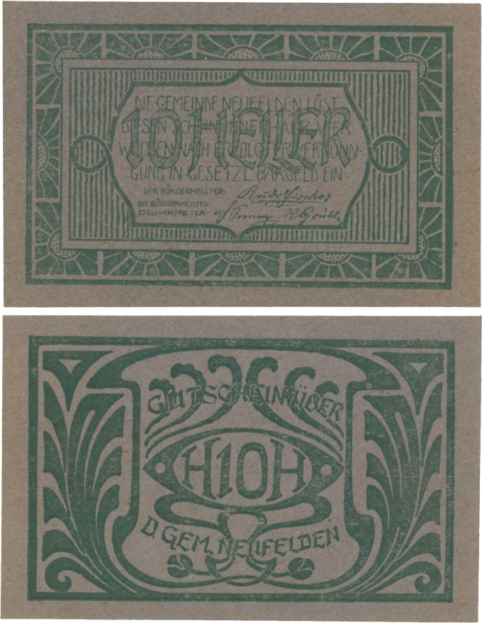 Neufelden, S0644IIIt, 10 Heller, Kartonpapier geriffelt, grau, Druck grün; 1