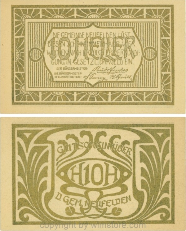 Neufelden, S0644IIIaa, 10 Heller, Papier dünn, glatt, gelblich, Druck gold; 1-