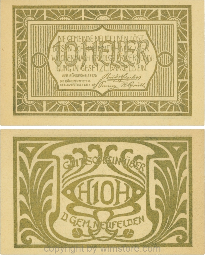 Neufelden, S0644IIIaa, 10 Heller, Papier dünn, glatt, gelblich, Druck gold; 1-