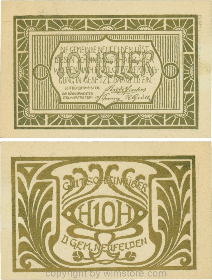 Neufelden, S0644IIIaa, 10 Heller, Kartonpapier glatt, gelblich-weiß, Druck gold; 2, (Falz)