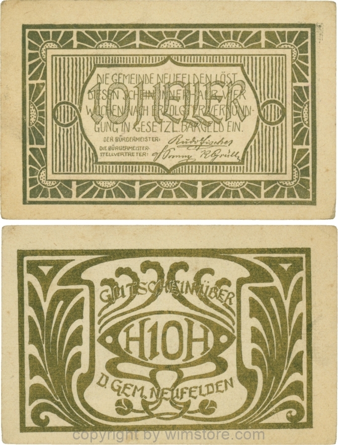 Neufelden, S0644IIIaa, 10 Heller, Kartonpapier glatt, gelblich-weiß, Druck gold; 2
