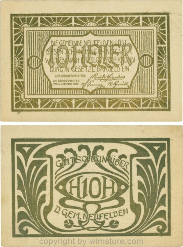 Neufelden, S0644IIIaa, 10 Heller, Kartonpapier glatt, gelblich-weiß, Druck gold; 2