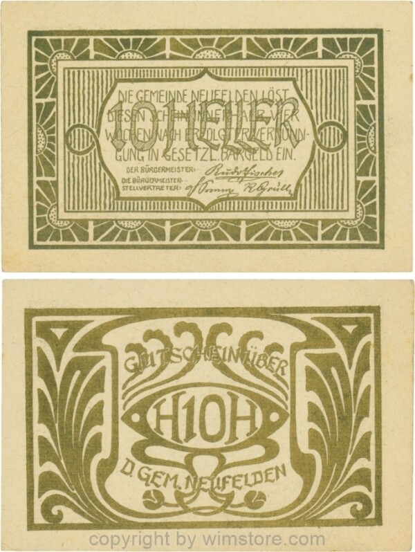 Neufelden, S0644IIIaa, 10 Heller, Kartonpapier glatt, gelblich-weiß, Druck gold; 2
