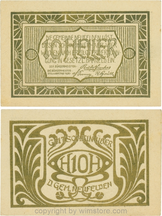 Neufelden, S0644IIIaa, 10 Heller, Kartonpapier glatt, gelblich-weiß, Druck gold; 2