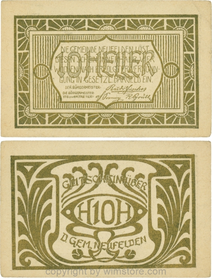Neufelden, S0644IIIaa, 10 Heller, Kartonpapier glatt, gelblich-weiß, Druck gold; 2
