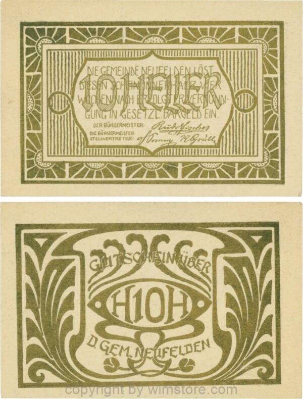 Neufelden, S0644IIIaa, 10 Heller, Kartonpapier glatt, gelblich-weiß, Druck gold; 2