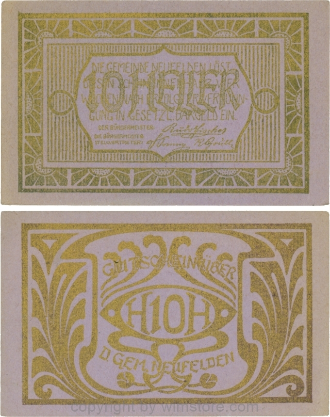 Neufelden, S0644IIIz, 10 Heller, Kartonpapier glatt, violett, Druck gold; 2