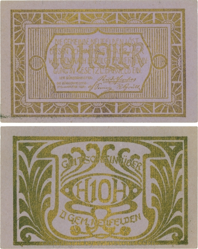 Neufelden, S0644IIIz, 10 Heller, Kartonpapier glatt, violett, Druck gold; 2