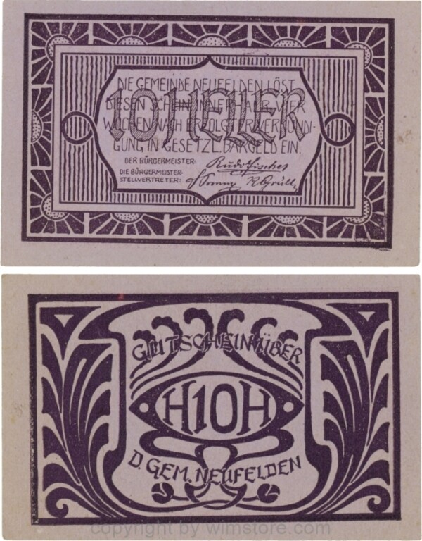 Neufelden, S0644IIIcc, 10 Heller, Kartonpapier glatt, violett, Druck violett; 2