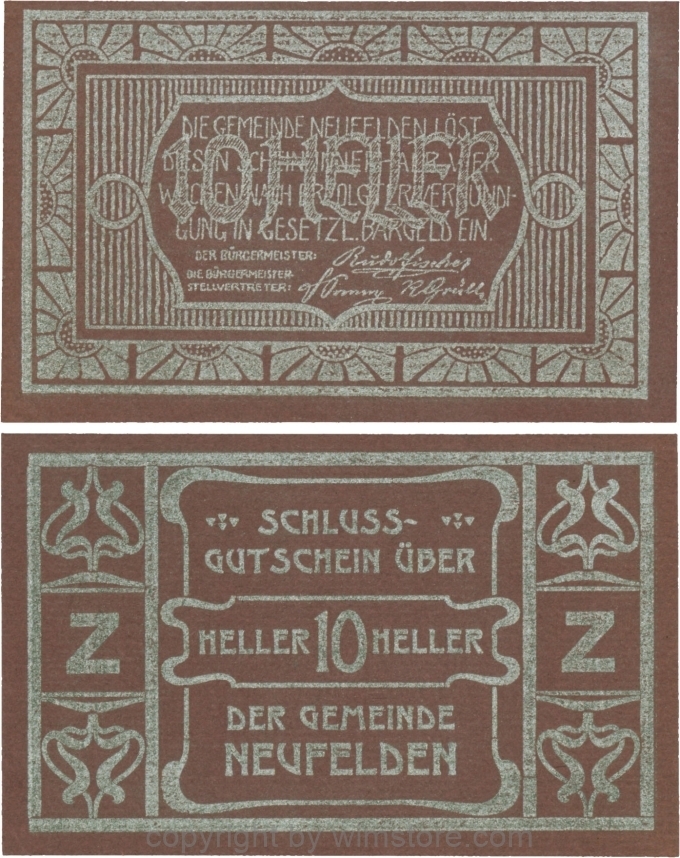 Neufelden, S0644IIIee, 10 Heller, Kartonpapier geriffelt, dunkelviolett, Druck silber, Schluss-Gutschein, Buchstabe Z; 1