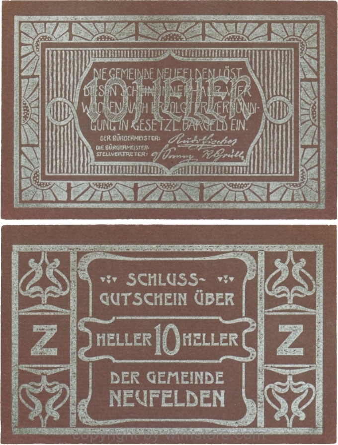 Neufelden, S0644IIIee, 10 Heller, Kartonpapier geriffelt, dunkelviolett, Druck silber, Schluss-Gutschein, Buchstabe Z; 1-