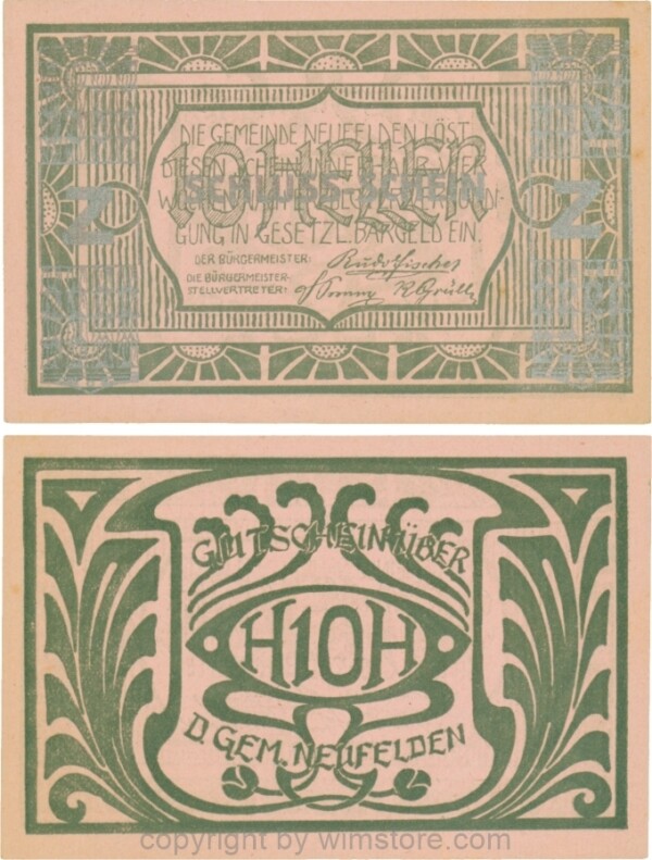 Neufelden, S0644VZ, 10 Heller, Buchstabe Z, Papier Rosa, Druck silber, Schluss-Schein; 2