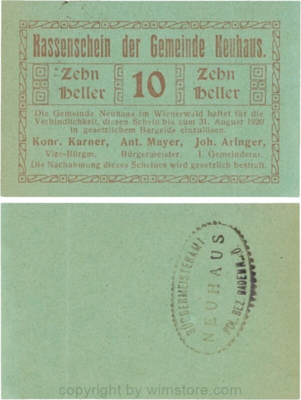 Neuhaus, G0646b, 10 Heller mit Gemeindestempel; 2, Knick