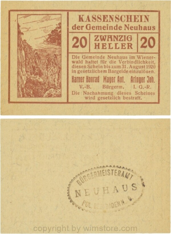 Neuhaus, G0646b, 20 Heller mit Gemeindestempel; 1