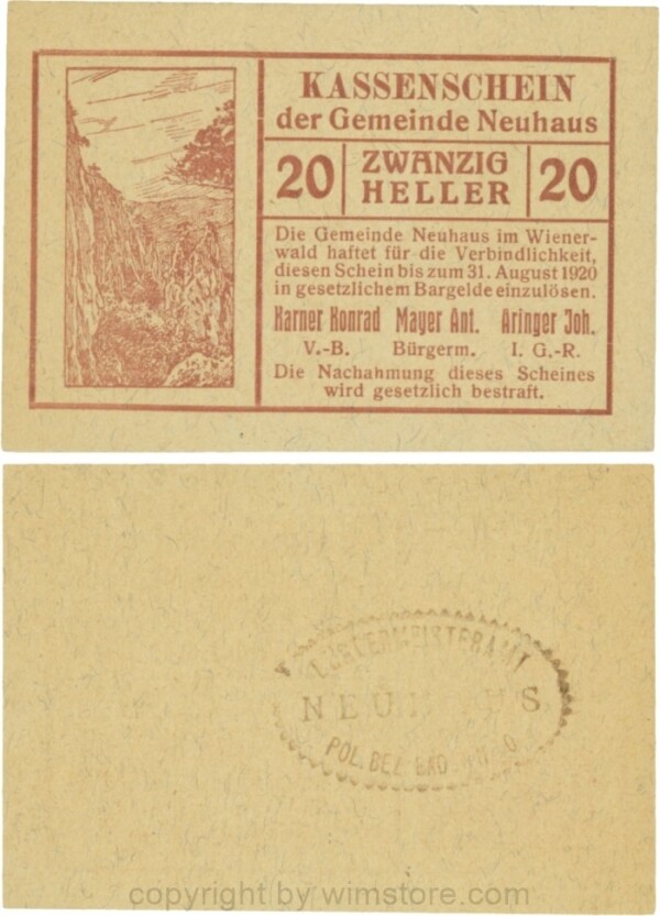 Neuhaus, G0646b, 20 Heller mit Gemeindestempel; 2