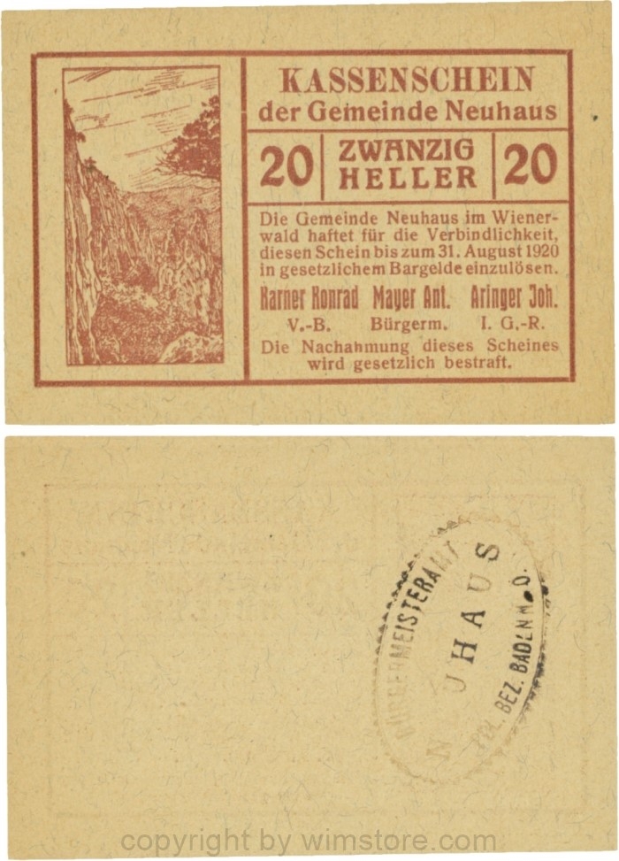 Neuhaus, G0646b, 20 Heller mit Gemeindestempel; 2, kleiner Riss
