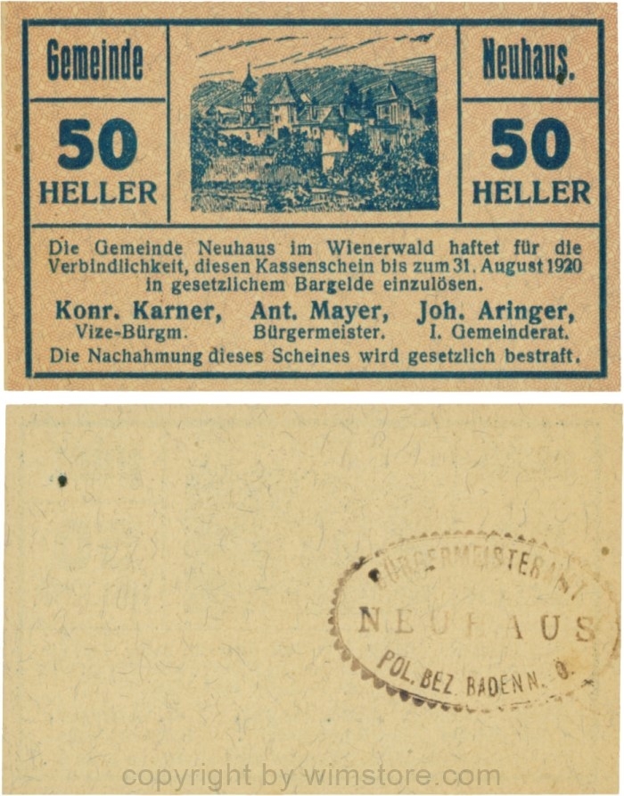 Neuhaus, G0646b, 50 Heller mit Gemeindestempel; 2, Loch rechts beim S von Neuhaus