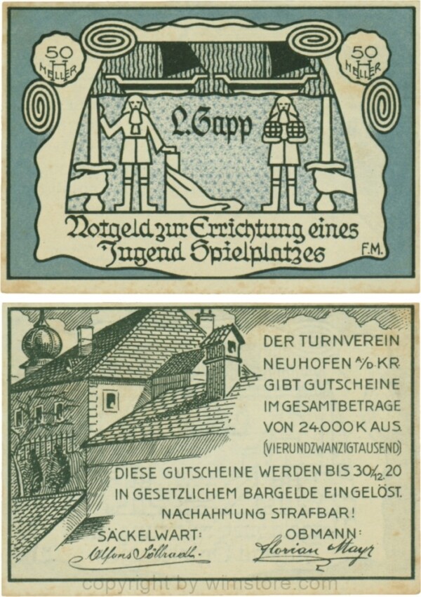 Neuhofen a.d. Krems, P0649, 50 Heller, Privatausgabe des Turnvereines; 1-