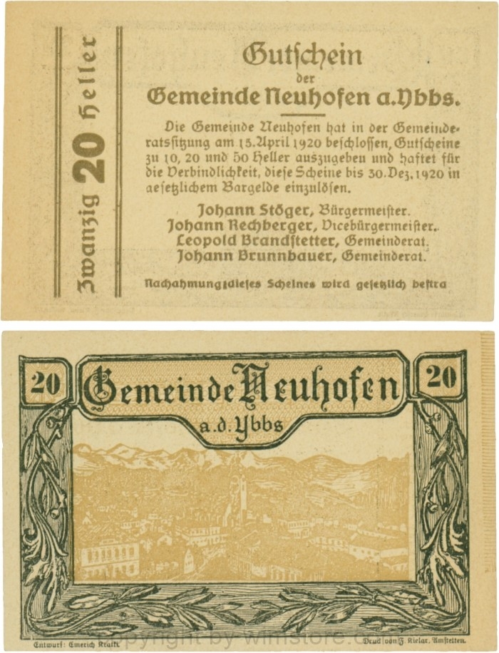 vn100299 Neuhofen a.d. Ybbs - Gemeinde, G0650f, 20 Heller, Papier dicht, Druckfehler: bestra statt bestraft; 1-