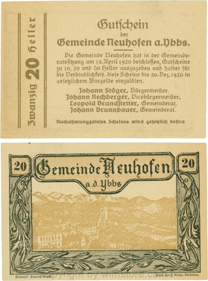 vn100300 Neuhofen a.d. Ybbs - Gemeinde, G0650f, 20 Heller, Papier dicht, Druckfehler: bestra statt bestraft; 1-